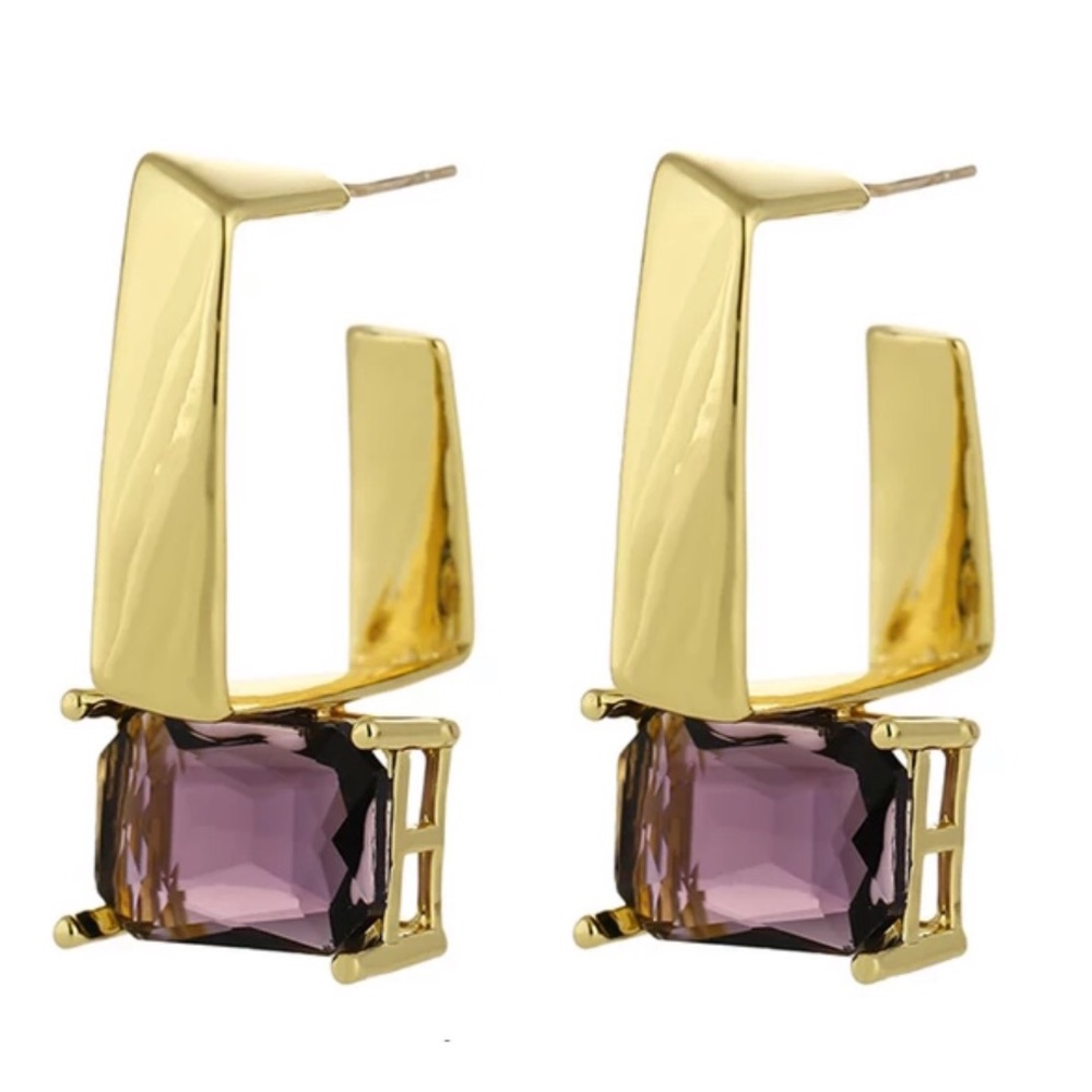 18K Gold Modern Amethyst Crystal Drop Earrings